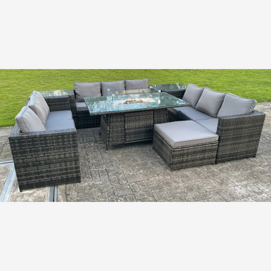 10 seater Outdoor Rattan Garden U Shape Furniture Gas Fire Pit Table Sets Gas Heater Lounge Sofa Dark Grey Big Footstool
