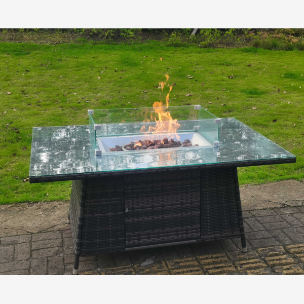 10 seater Outdoor Rattan Garden U Shape Furniture Gas Fire Pit Table Sets Gas Heater Lounge Sofa Dark Grey Big Footstool
