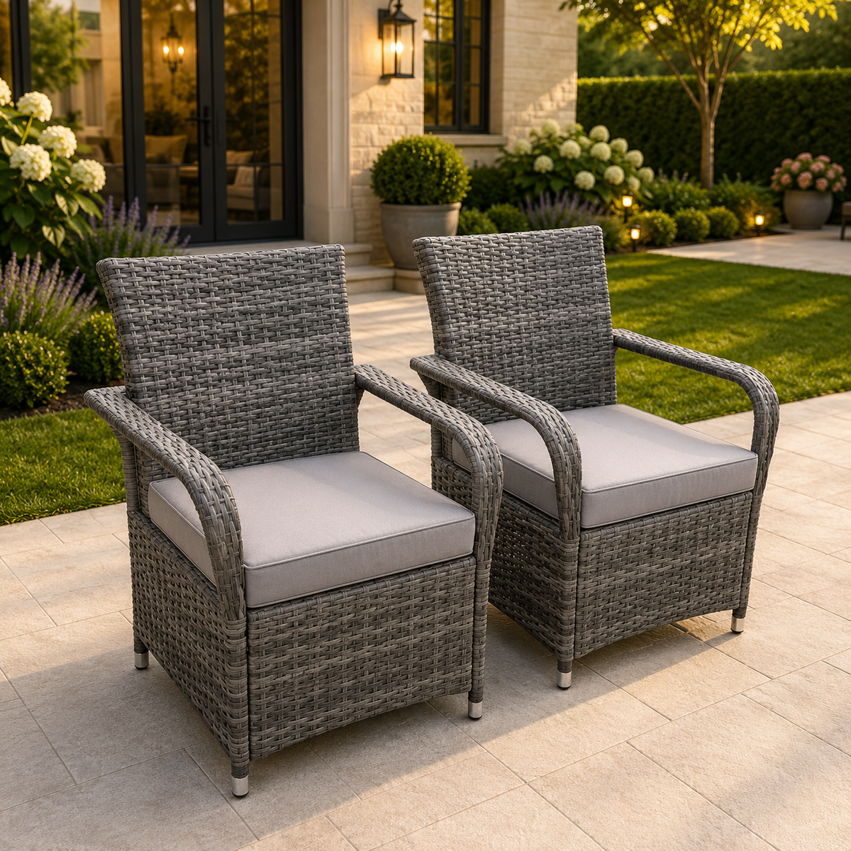 2 PC High Back PE Rattan Outdoor Garden Arm Chair With Seat Cushion Dark Grey Mixed