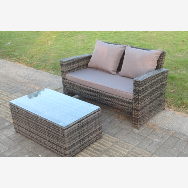 Dark Mixed Grey High Back Rattan Garden Furniture 2 Seater Love Seat Sofa With Oblong Coffee Table