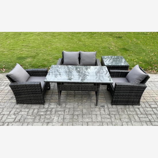 Fimous PE Wicker Outdoor Garden Furniture Set Patio Furniture Rattan Rectangular Dining Table Lounge Sofa with Side Table