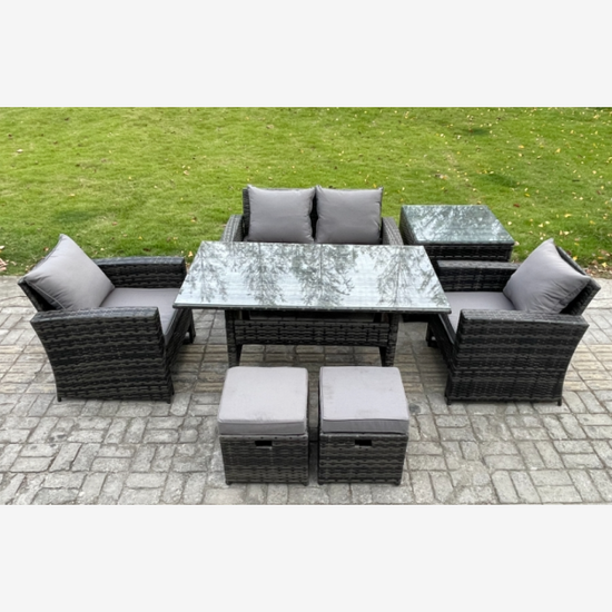Fimous PE Wicker Outdoor Garden Furniture Set Patio Furniture Rattan Rectangular Dining Table Lounge Sofa with Side Table 2 Small Footstool