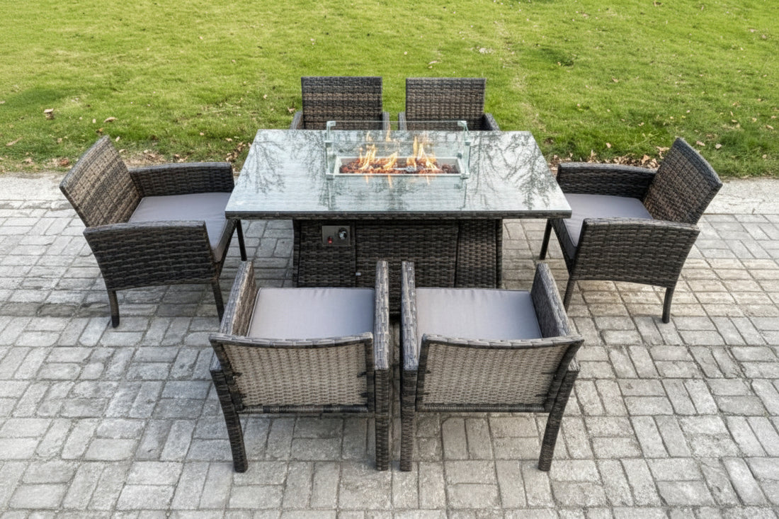 Outdoor Rattan Garden Furniture Set Gas Fire Pit Rectangular Table Sets Gas Heater with 6 Seater Dining Cahirs Dark Grey Mixed