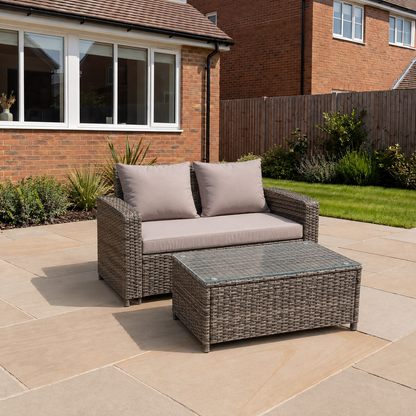 Dark Mixed Grey High Back Rattan Garden Furniture 2 Seater Love Seat Sofa With Oblong Coffee Table