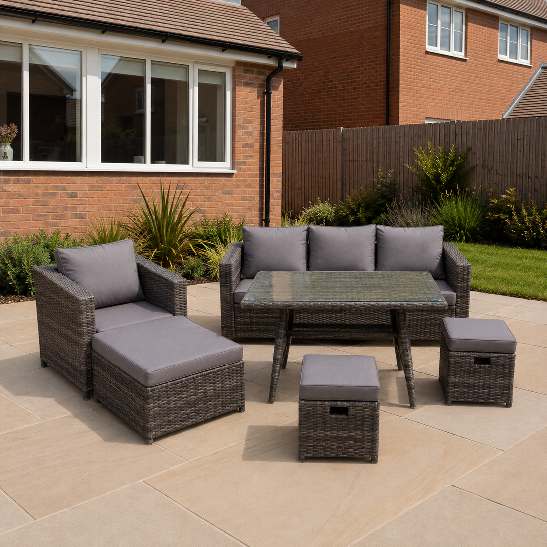 Dark Mixed Grey Rattan Garden Outdoor Sofa Set Chair Rectangular Dining Table Big Footstool 2 Small Footstools 7 Seater