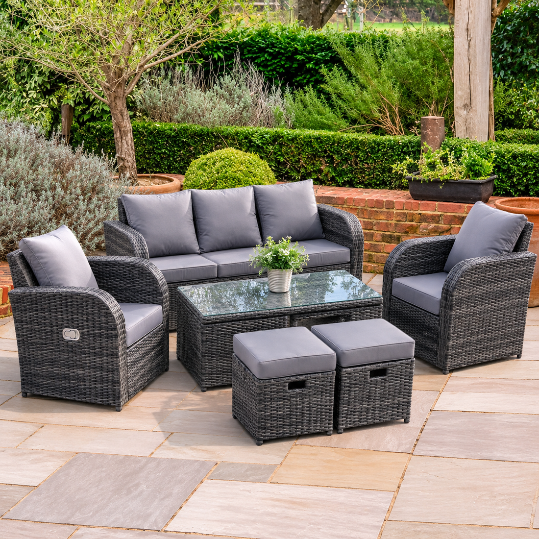 Dark Mixed Grey Rattan Outdoor Garden Furniture Oblong Coffee Table Sets lounge Sofa Recling Chairs Small Footstools 7 Seater