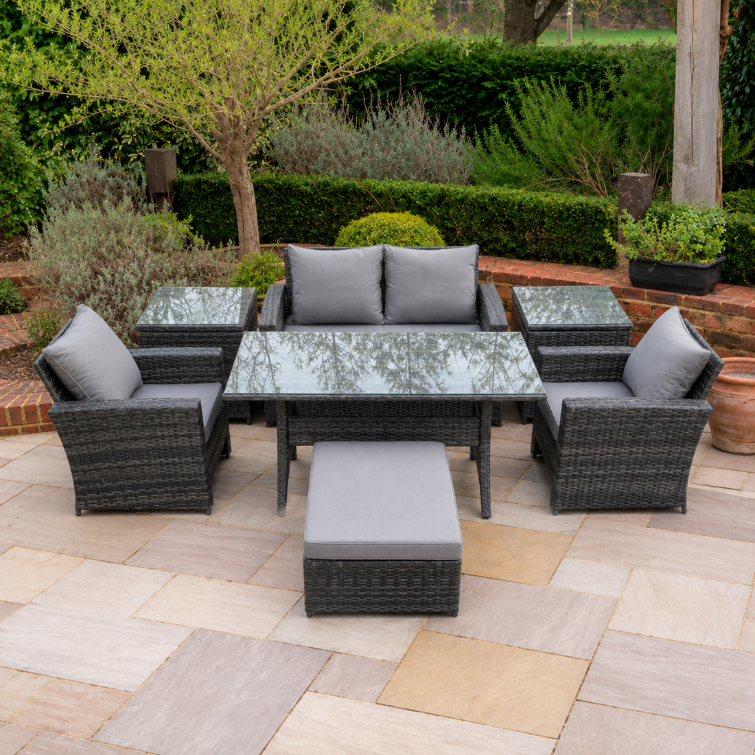 5 Seater PE Wicker Outdoor Garden Furniture Set Patio Furniture Rattan Rectangular Dining Table Lounge Sofa with 2 Side Tables Big Footstool