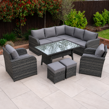 PE Wicker Outdoor Garden Furniture Set Patio Furniture Rattan Rectangular Dining Table Lounge Sofa with 2 Side Tables