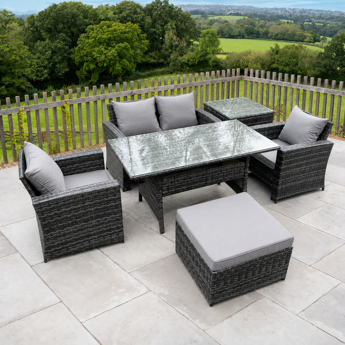 PE Wicker Outdoor Garden Furniture Set Patio Furniture Rattan Rectangular Dining Table Lounge Sofa with Big Footstool Side Table