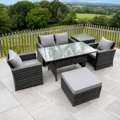 PE Wicker Outdoor Garden Furniture Set Patio Furniture Rattan Rectangular Dining Table Lounge Sofa with Big Footstool Side Table