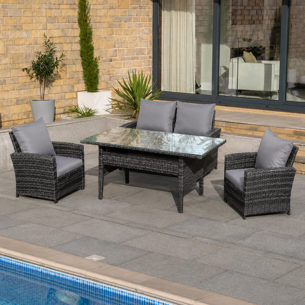 PE Wicker Outdoor Garden Furniture Set Patio Furniture Rattan Rectangular Dining Table Lounge Sofa Dark Grey Mixed