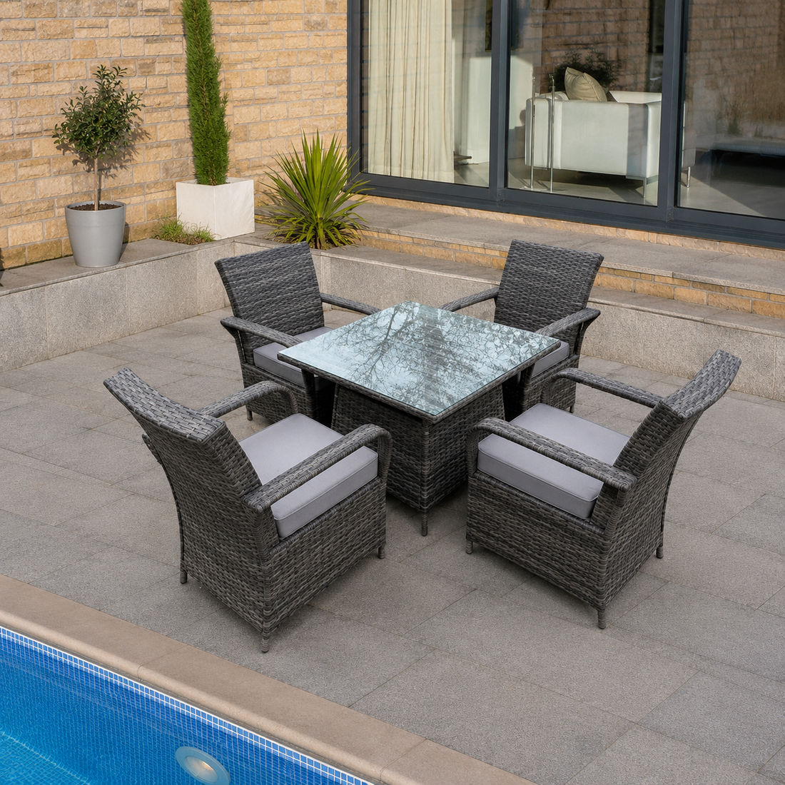 Rattan Garden Furniture Dining Set Table And Chairs PE Wicker Patio Outdoor 4 Chairs Plus Square Table