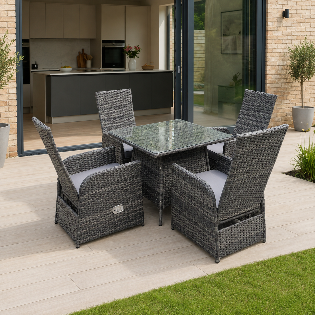 Dark Grey Mixed Outdoor PE Wicker Rattan Garden Furniture Reclining Chair And Table Dining Sets 4 Seater Square Tempered Glass Table