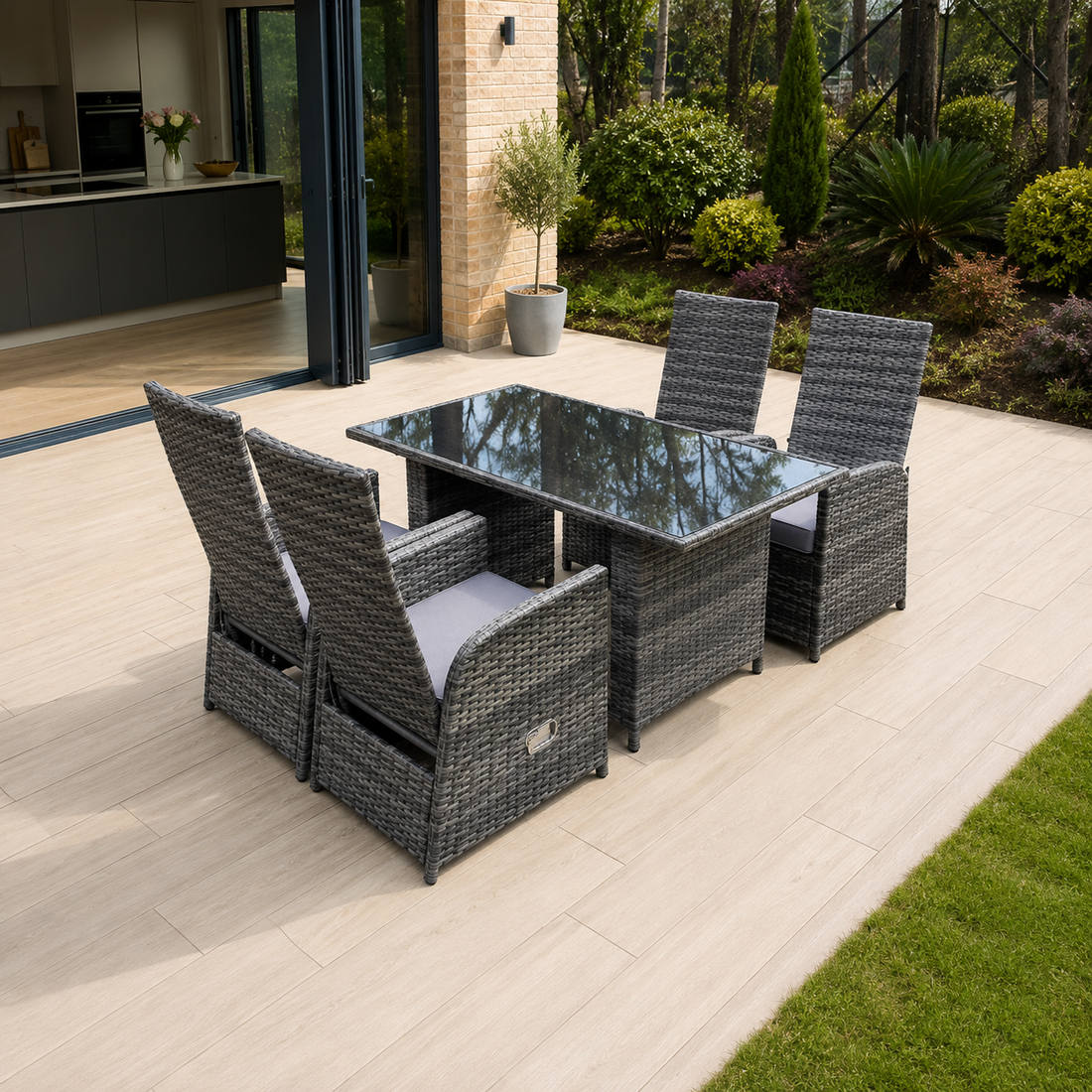 Dark Grey Mixed Outdoor PE Wicker Rattan Garden Furniture Reclining Chair And Table Dining Sets 4 Seater Rectangular Black Tempered Table