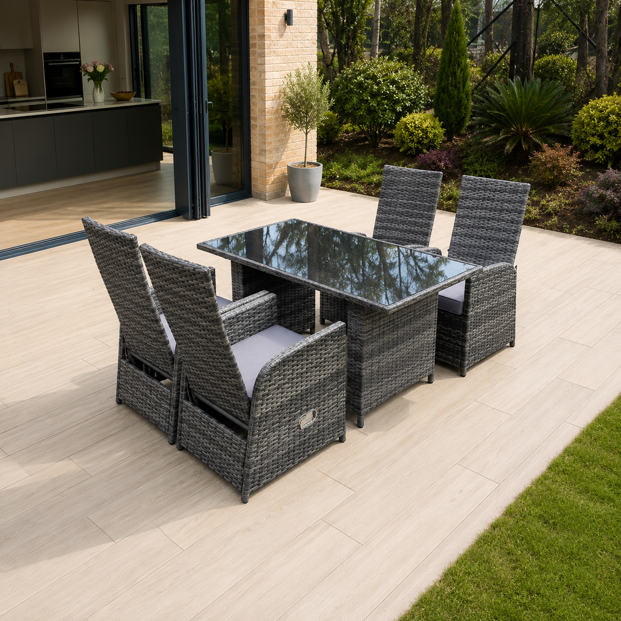 Dark Grey Mixed Outdoor PE Wicker Rattan Garden Furniture Reclining Chair And Table Dining Sets 4 Seater Rectangular Black Tempered Table