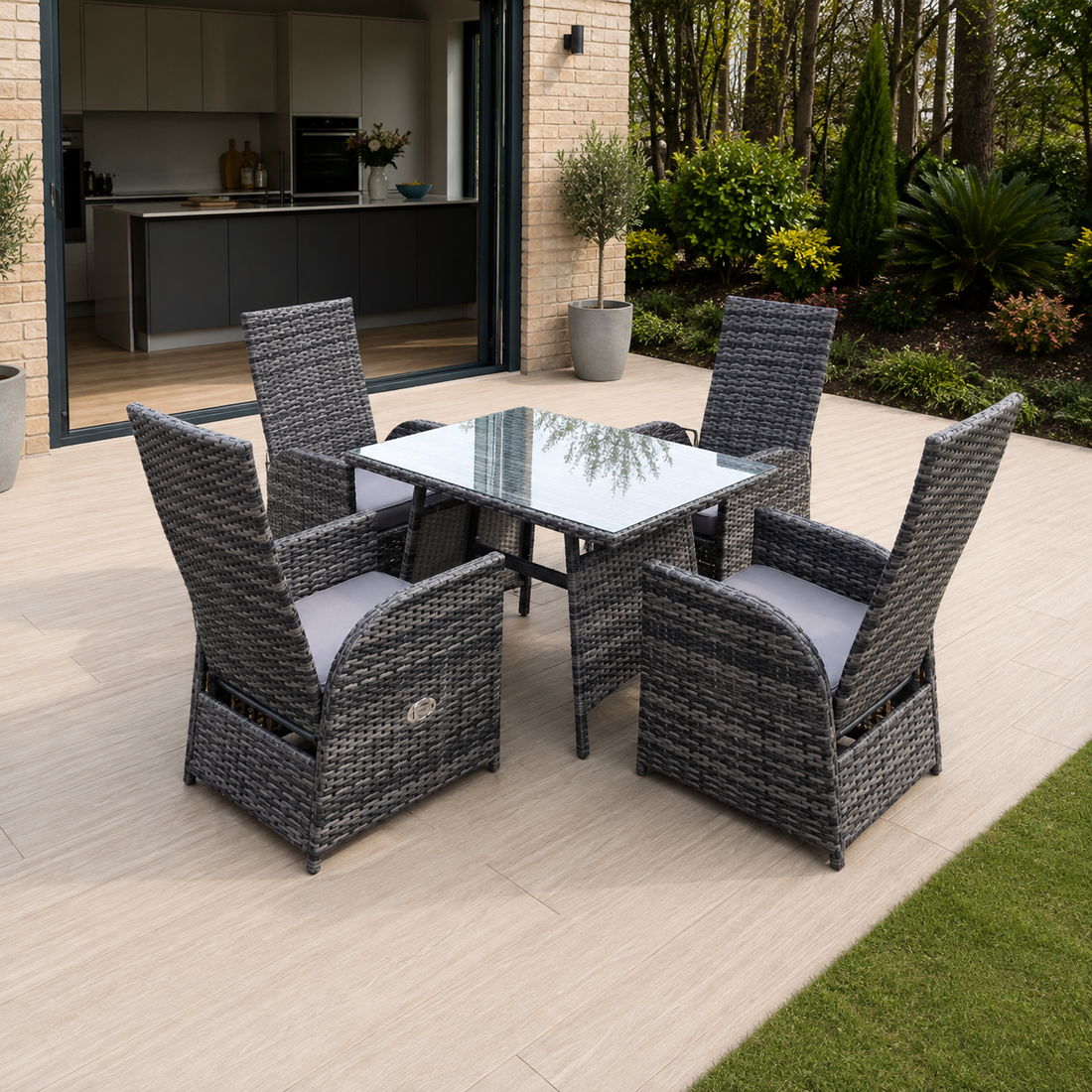 4 chairs+rectangular table(clear glass)) reclining rattan dining set patio garden furniture