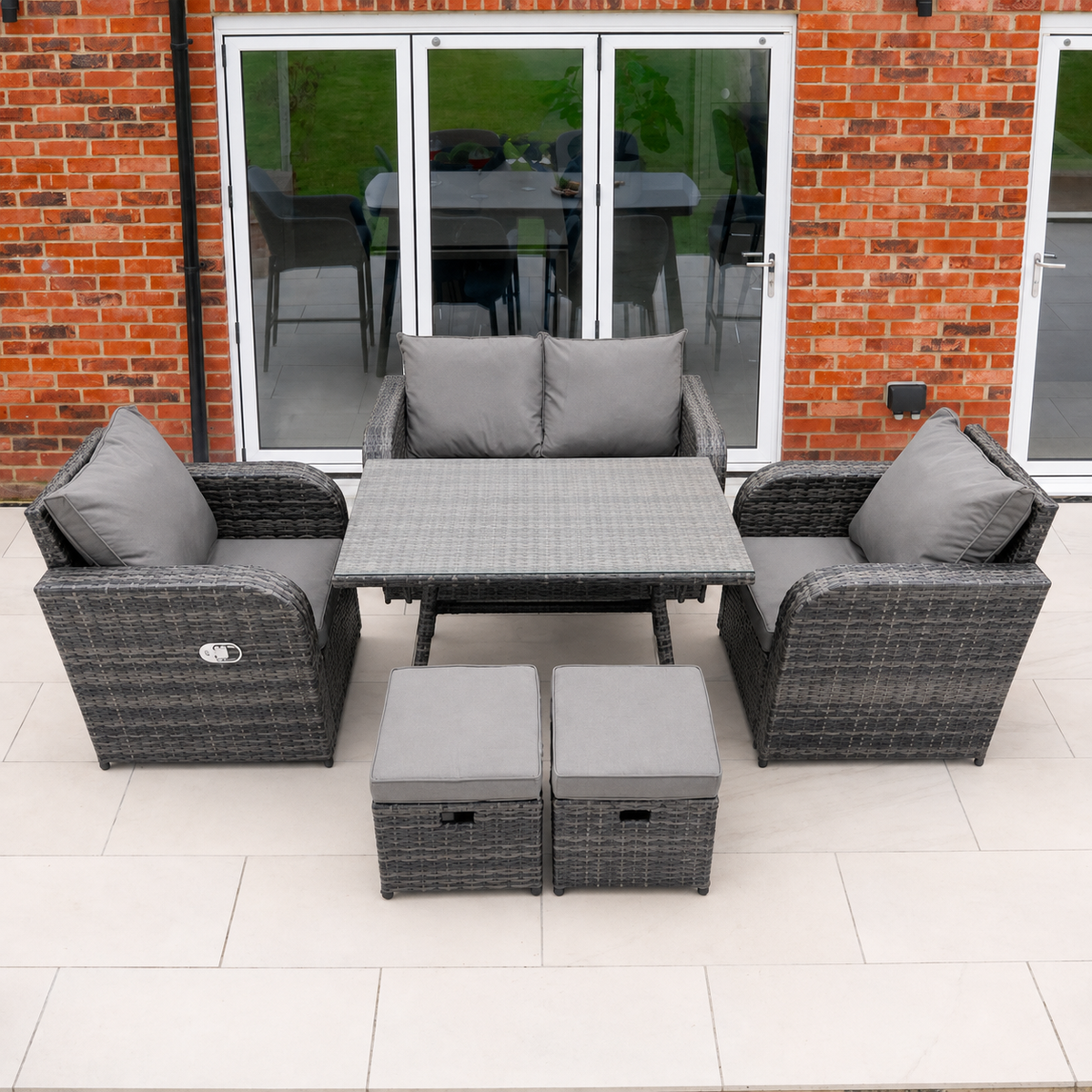 Outdoor Garden Furniture Set Rattan Sofa Dining Table Set with Reclining Chair 2 Small Footstool Dark Grey Mixed