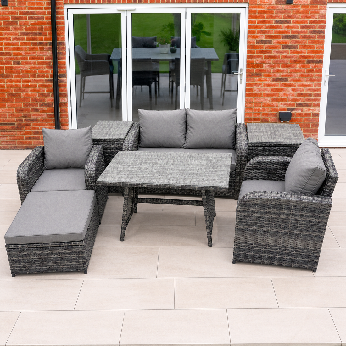 Outdoor Garden Furniture Set Rattan Sofa Dining Table Set with Reclining Chair 2 Side Tables Big Footstool Dark Grey Mixed