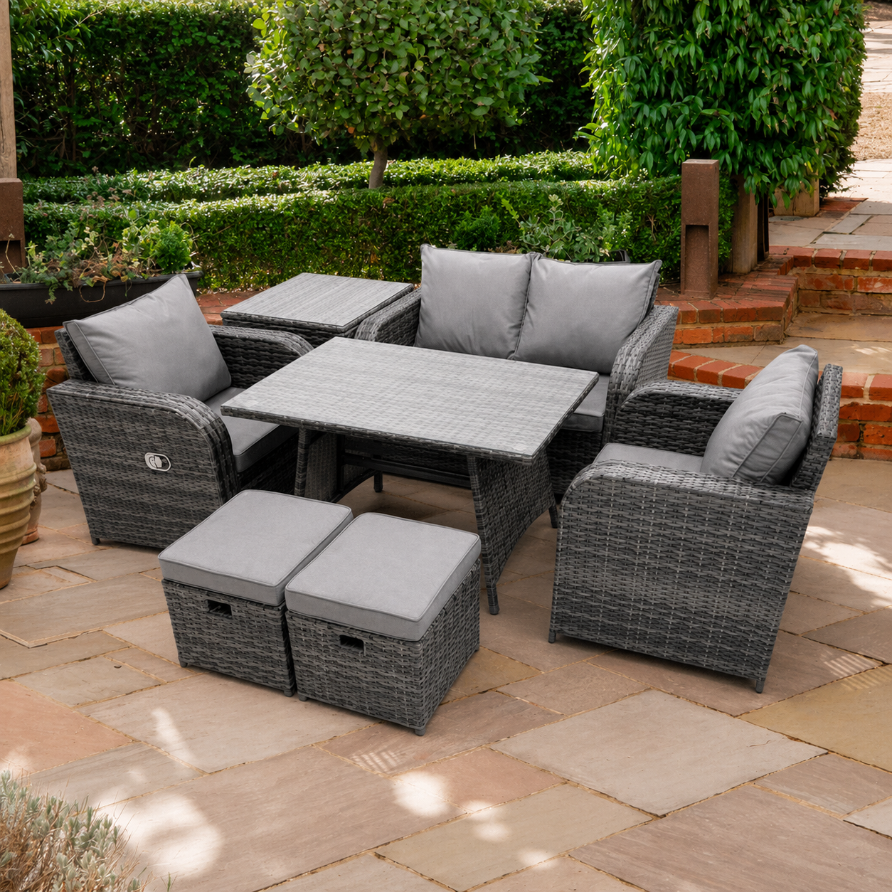 Outdoor Garden Furniture Set Rattan Sofa Dining Table Set with Reclining Chair Side Table 2 Small Footstool Dark Grey Mixed