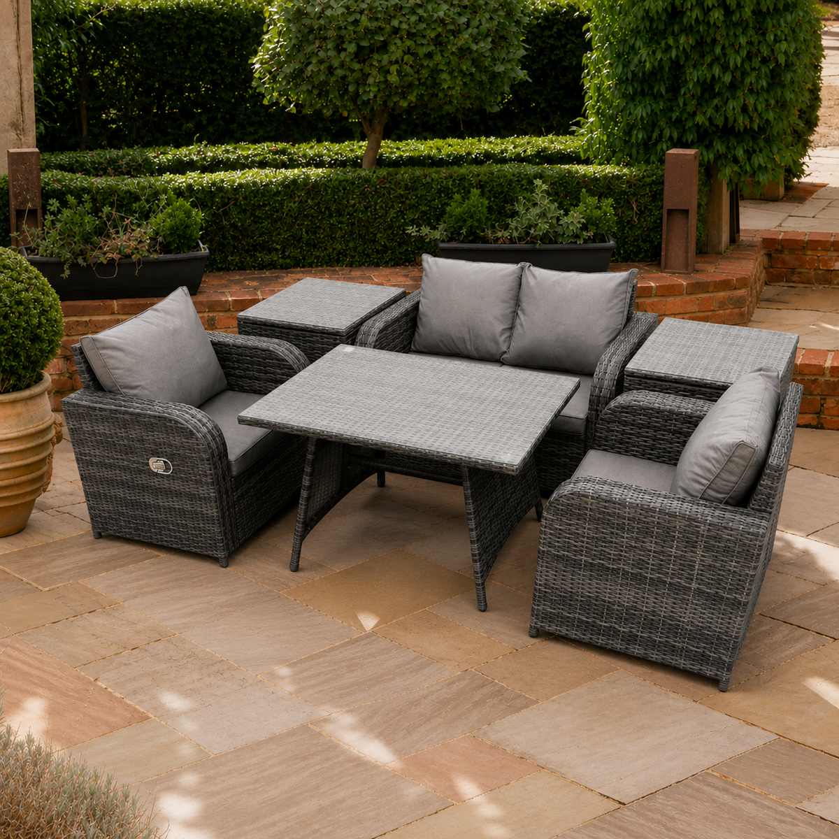 Outdoor Garden Furniture Set Rattan Sofa Dining Table Set with Reclining Chair 2 Side Tables Dark Grey Mixed