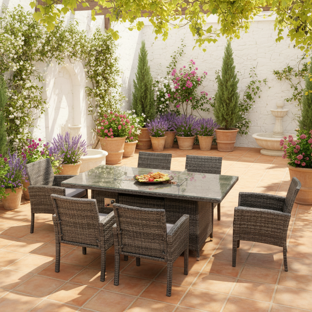 Outdoor Rattan Garden Furniture Set Gas Fire Pit Rectangular Table Sets Gas Heater with 6 Seater Dining Cahirs Dark Grey Mixed