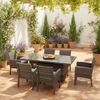 Outdoor Rattan Garden Furniture Set Gas Fire Pit Rectangular Table Sets Gas Heater with 6 Seater Dining Cahirs Dark Grey Mixed