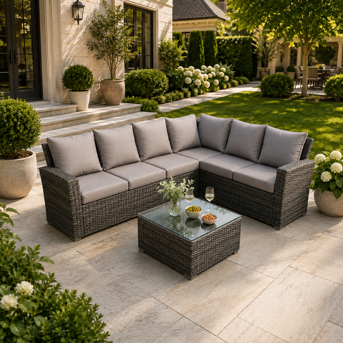 6 Seater Right High Back Grey Rattan Corner Sofa Set Square Coffee Table Garden Furniture Outdoor
