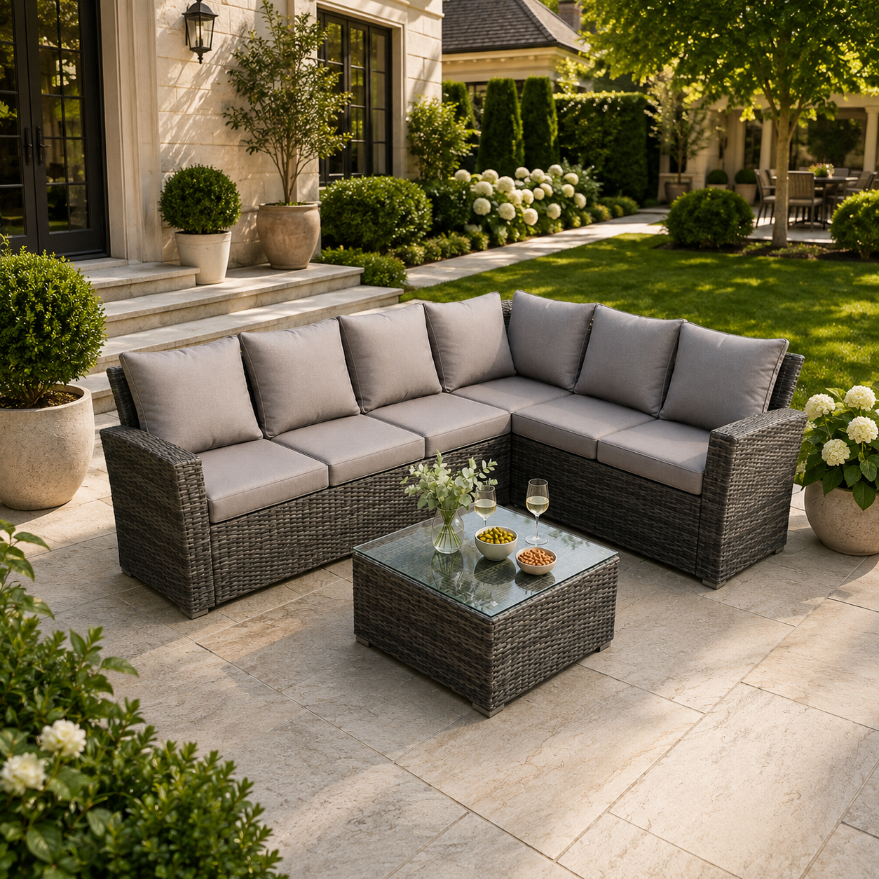 6 Seater Right High Back Grey Rattan Corner Sofa Set Square Coffee Table Garden Furniture Outdoor