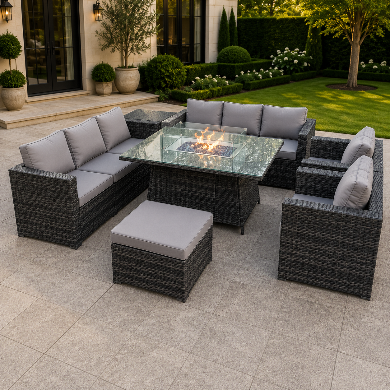 Oudoor Rattan Garden Furniture Gas Fire Pit Table Sets Lounge Chairs Dark Grey