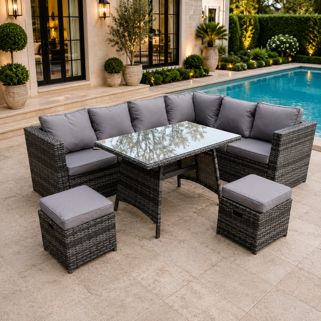 Dark Mixed Grey Rattan Garden Outdoor Corner Sofa Set Rectangular Dining Table Small Footstools 8 Seater