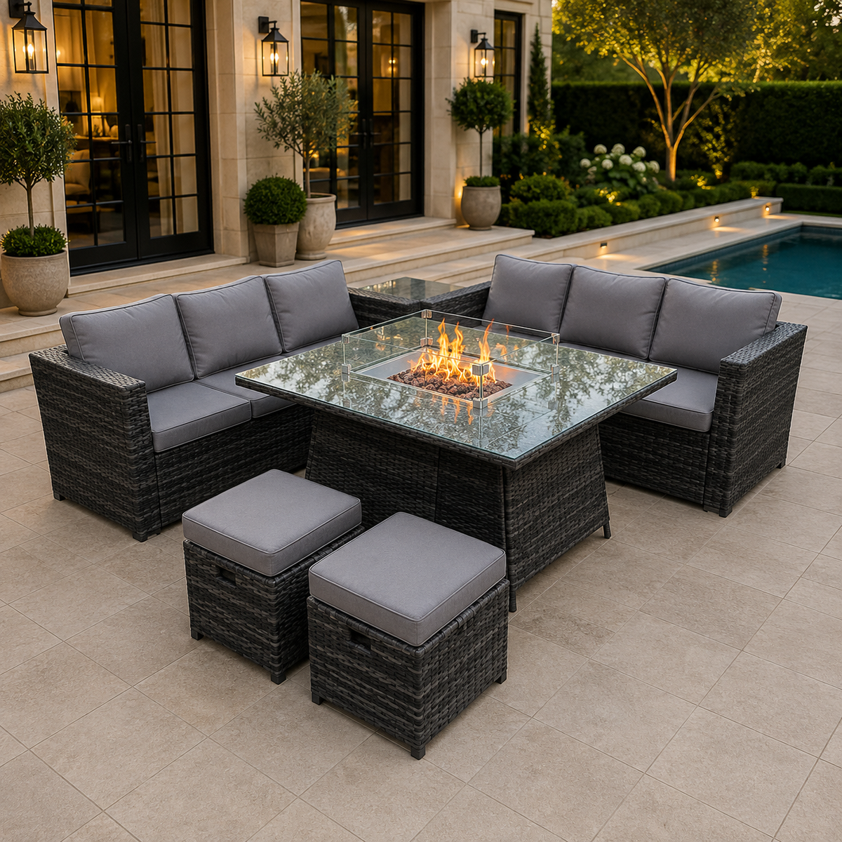 Wicker Rattan Garden Furniture Gas Fire Pit Table Sets Footstool Dark Grey Mix