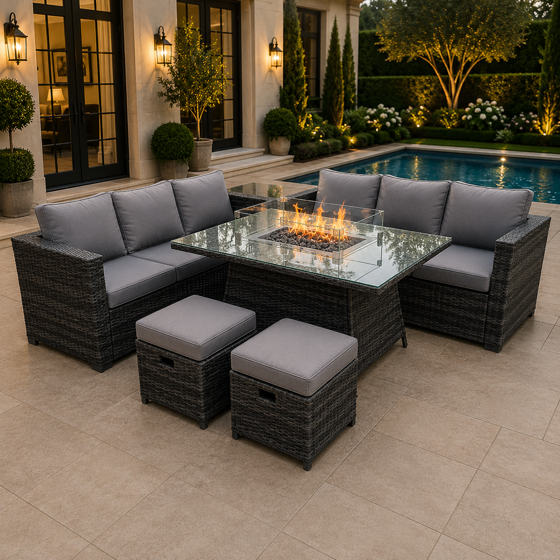 Wicker Rattan Garden Furniture Gas Fire Pit Table Sets Footstool Dark Grey Mix