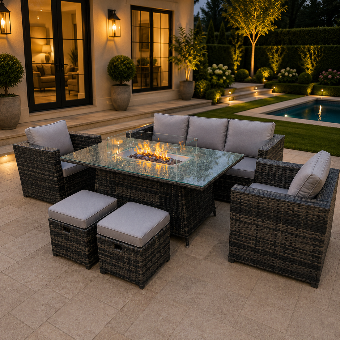 Outdoor Rattan Garden Furniture Gas Fire Pit Table Sets Gas Heater Lounge Chairs Small Footstools Dark Grey 7 seater