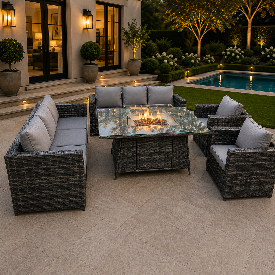 Outdoor Rattan Garden Furniture Gas Fire Pit Table Sets Gas Heater Lounge Chairs Dark Grey 10 seater