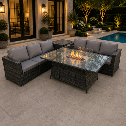 Outdoor Rattan Garden Furniture Gas Fire Pit Dining Table Sets Gas Heater Side table Dark Mixed Grey 6 seater