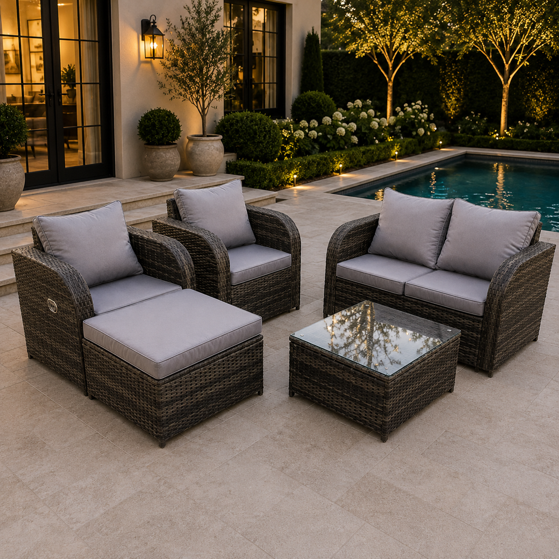 PE Rattan Garden Furniture Set Adjustable Chair Sofa Double Love Seat 2 Seater Sofa Square Coffee Table With Big Footstool