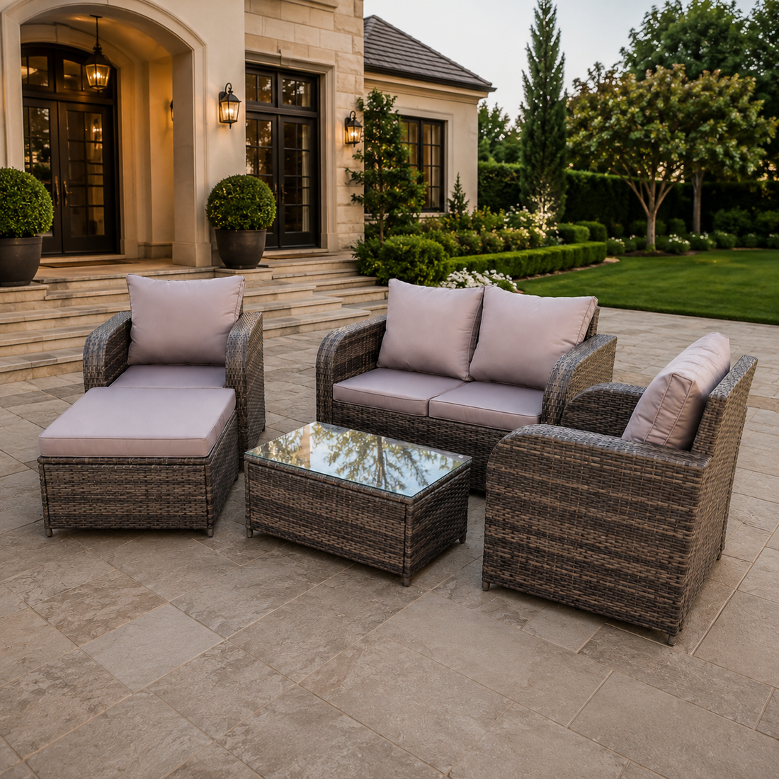 Rattan Garden Furniture Set Adjustable Chair Sofa Double Love Seat 2 Seater Sofa Oblong Coffee Table Footstool