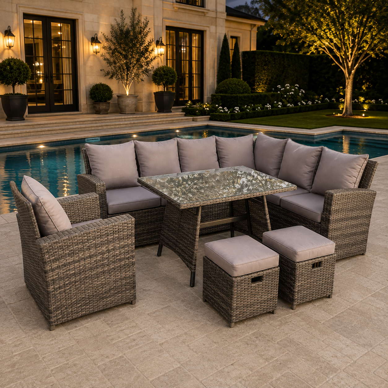 9 Seater High Back Dark Mixed Grey Rattan Corner Sofa Set Outdoor Furniture Rectangular Dining Table 2 Footstools Chair