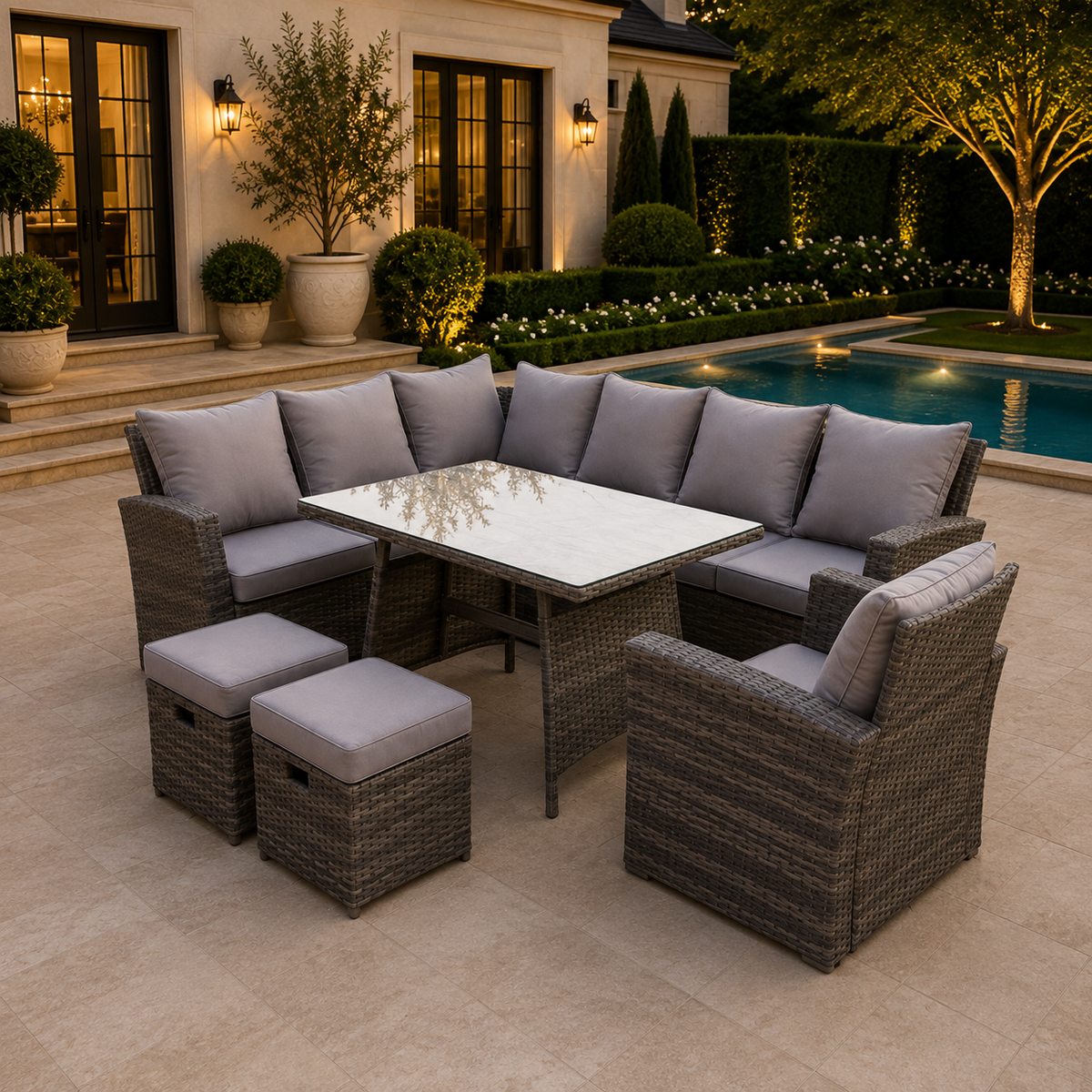 High Back Dark Mixed Grey Rattan Corner Sofa Set Outdoor Furniture Rectangular Dining Table 2 Small Footstools Chair 9 Seater