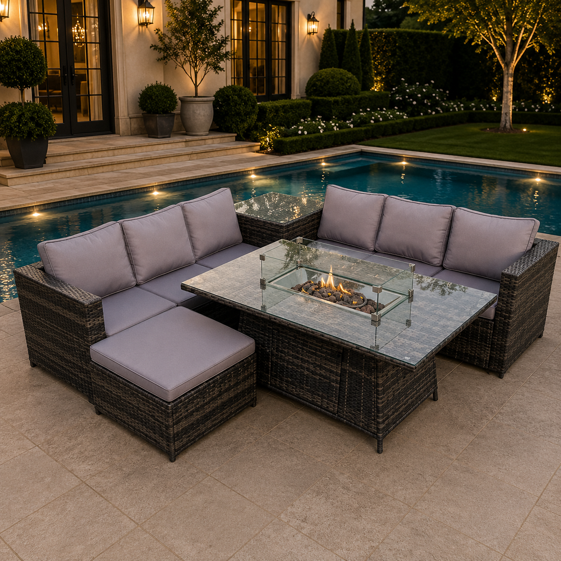 Oudoor Rattan Garden Corner Furniture Gas Fire Pit Table Sets Lounge Big Footstool Dark Grey 7 seater
