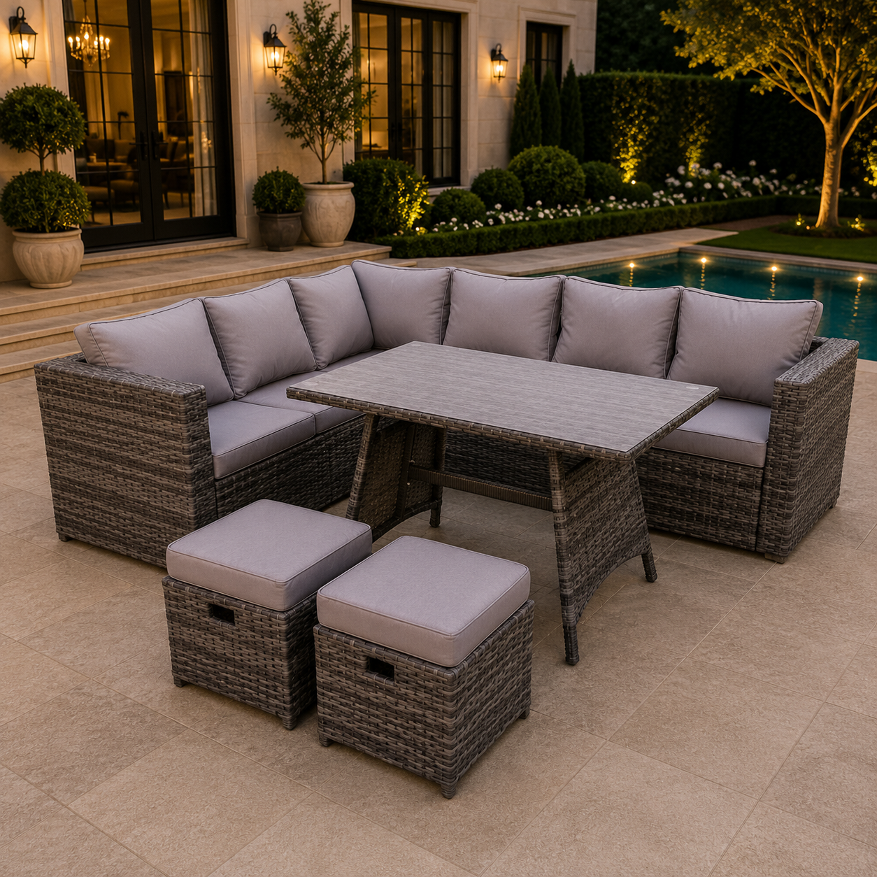 Dark Mixed Grey Rattan Garden Outdoor Corner Sofa Set Rectangular Dining Table Small Footstools 8 Seater