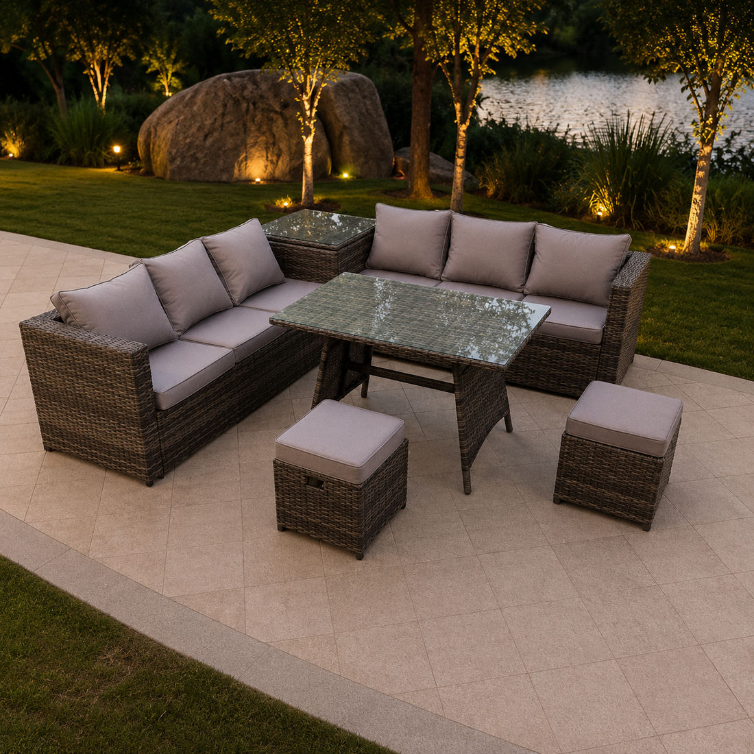 Corner rattan sofa set dining table outdoor garden furniture with footstool dark grey mixed 8 seater