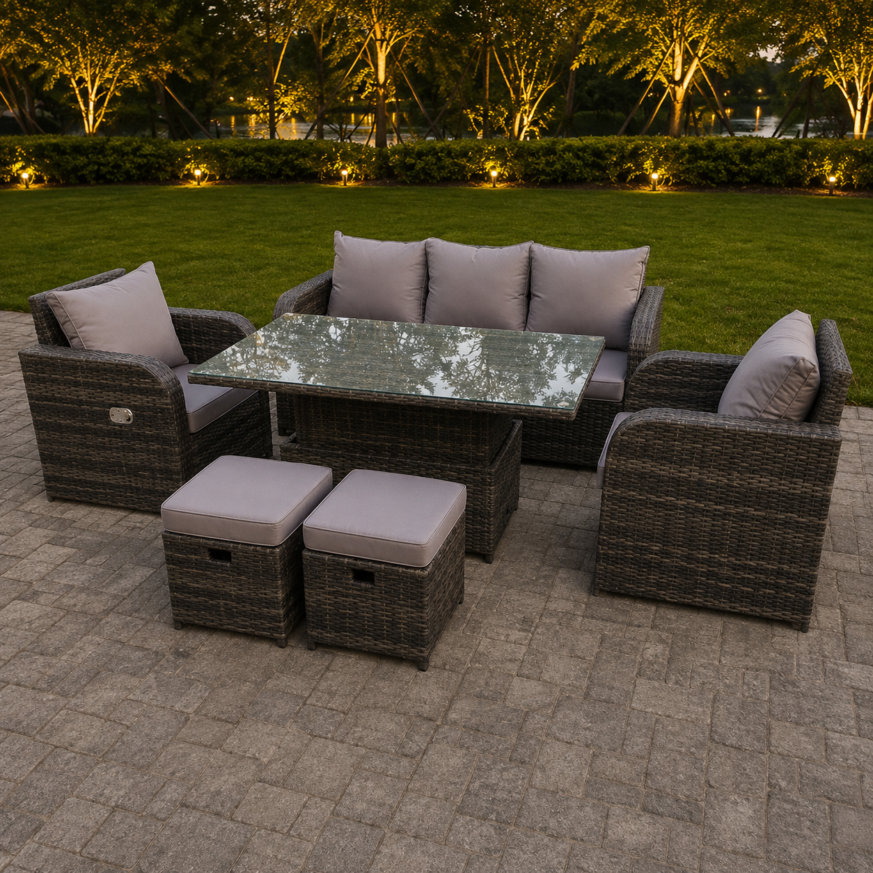 Dark Mixed Grey Rattan Outdoor Garden Furniture Lifting Adjustable Dining Or Coffee Table Sets Lounge Sofa Recling Chairs Small Footstools 7 Seater