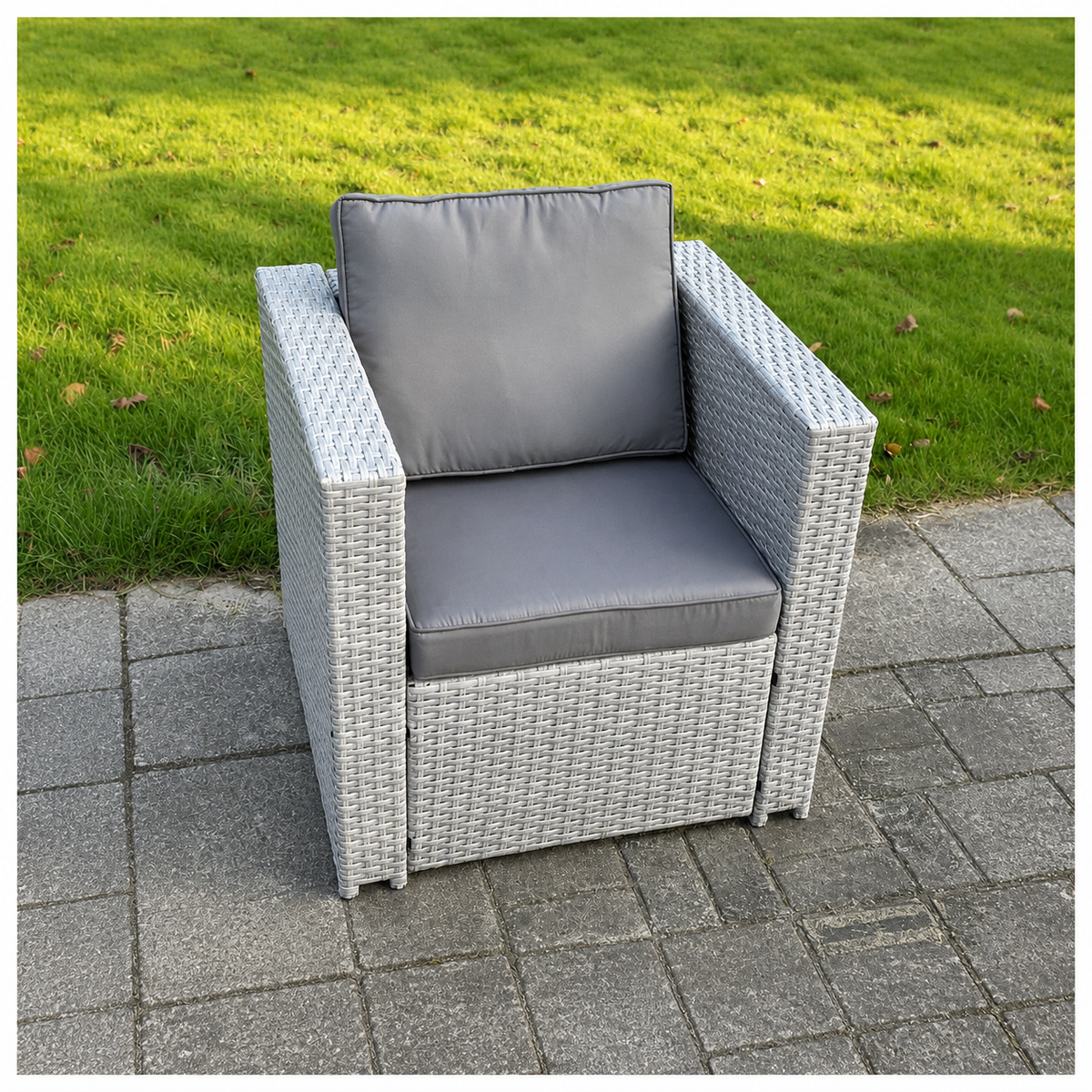 Light Grey PE Rattan Single Arm Chair Sofa Outdoor Garden Furniture With Seat And Back Cushion