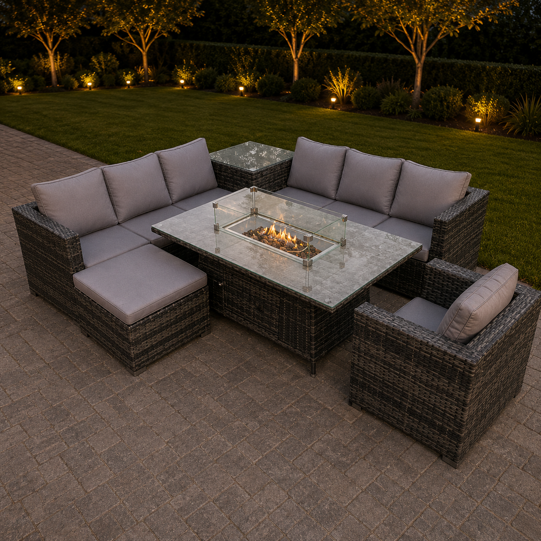 8 seater Outdoor Rattan Garden Corner Furniture Set Gas Fire Pit Table Sets Gas Heater Lounge Chair Big Footstool Dark Grey