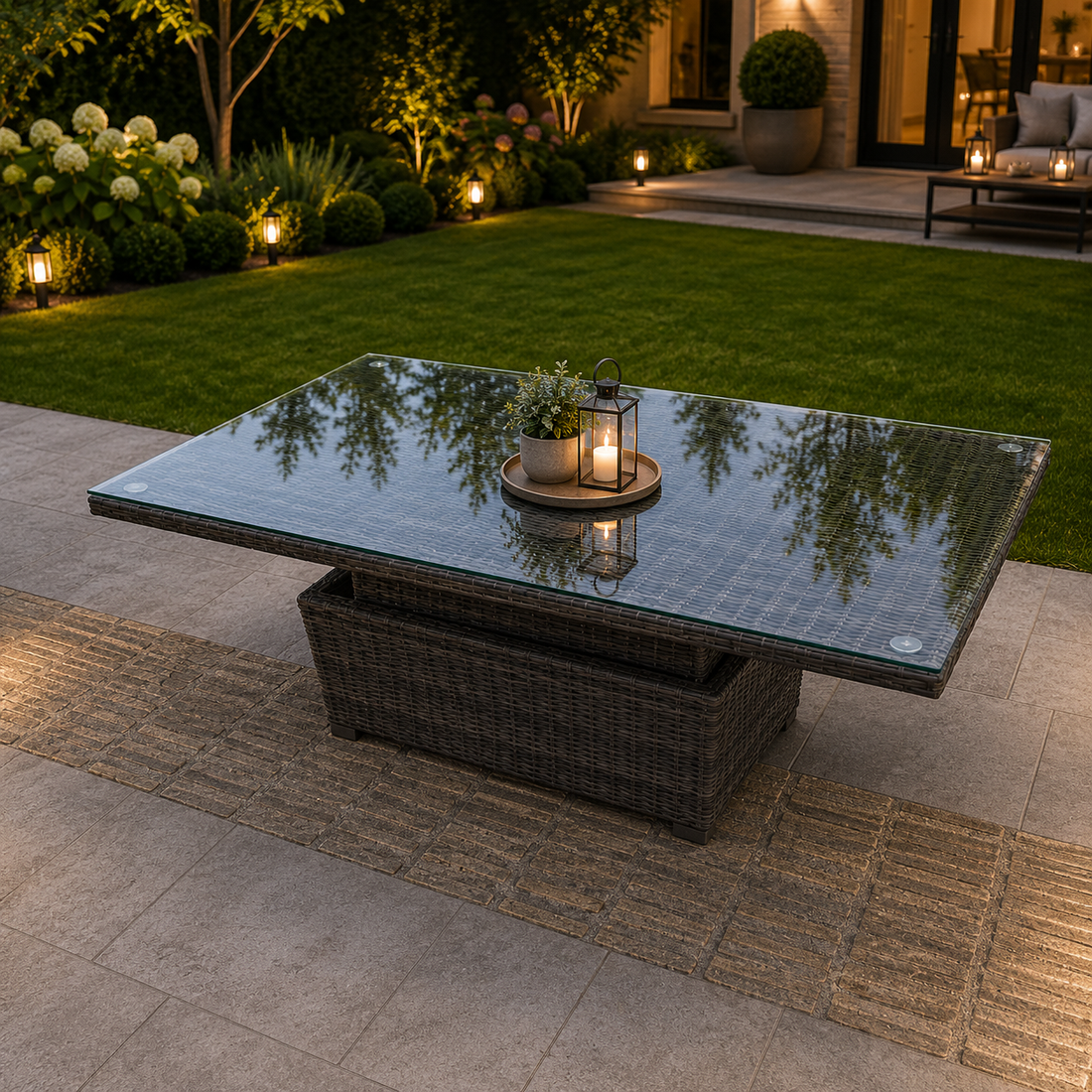Rattan Dining Table Outdoor Garden Furniture Tempered Glass Top Grey Mixed