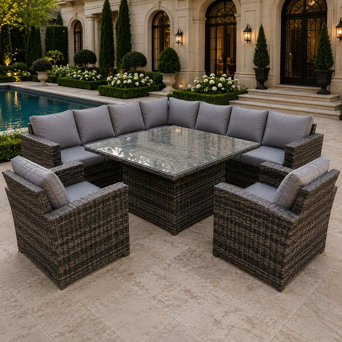 (extra 2 chairs) rattan corner sofa set with lift table dark mixed grey
