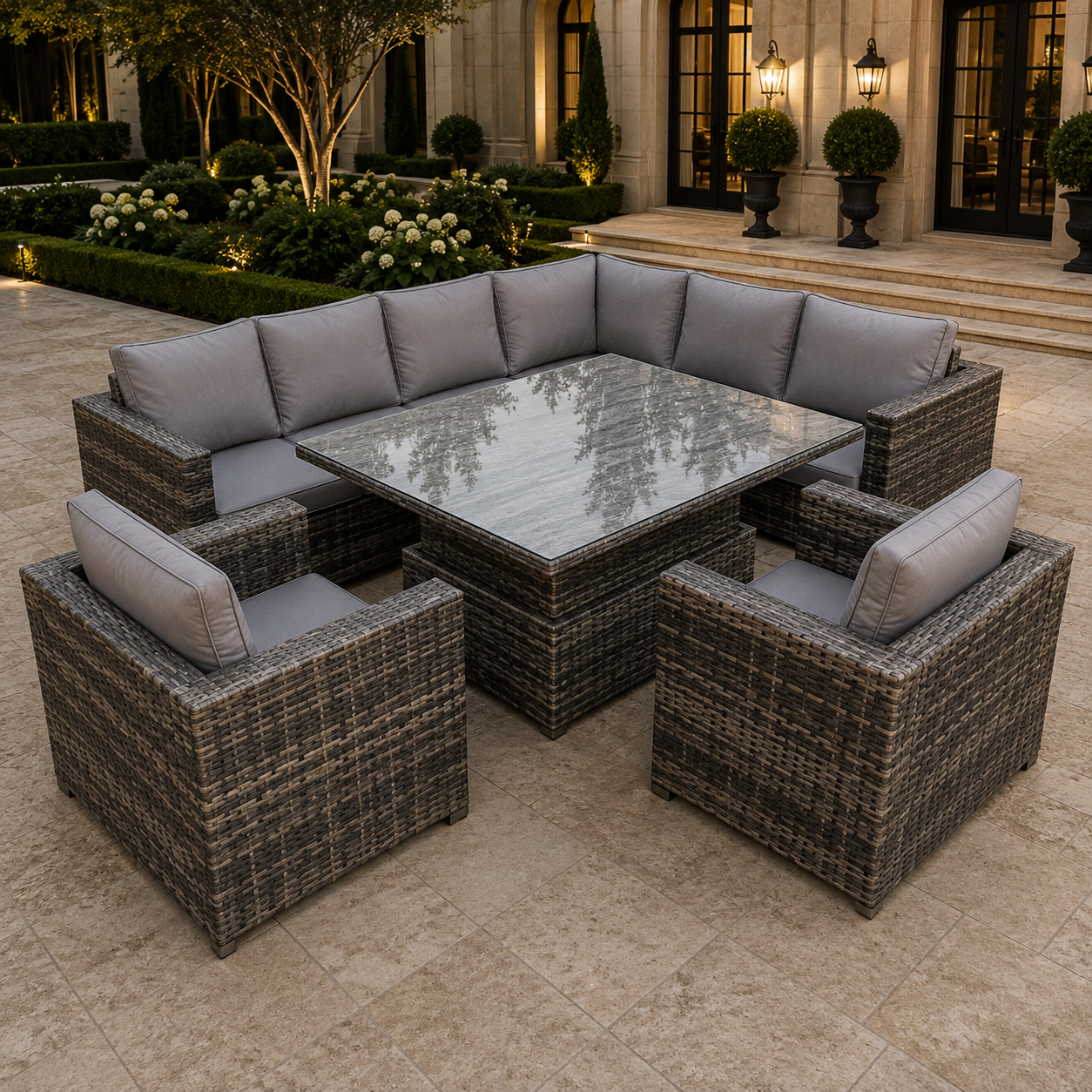 (extra 2 chairs) rattan corner sofa set with adjustable dining table dark mixed grey