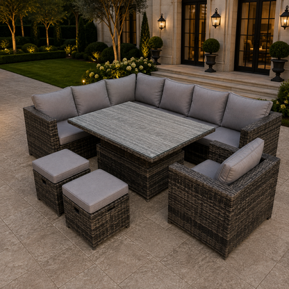 (extra 1chair +2small footstools) rattan corner sofa set with lift table dark mixed grey