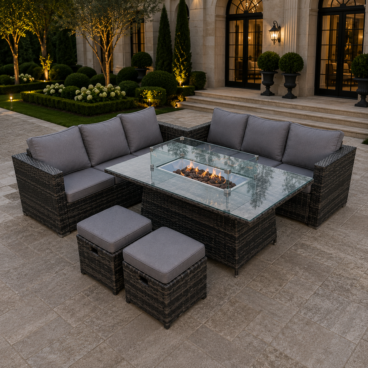 8 seater Outdoor Rattan Garden Corner Furniture Set Gas Fire Pit Table Sets Gas Heater Lounge Small Footstools Dark Grey